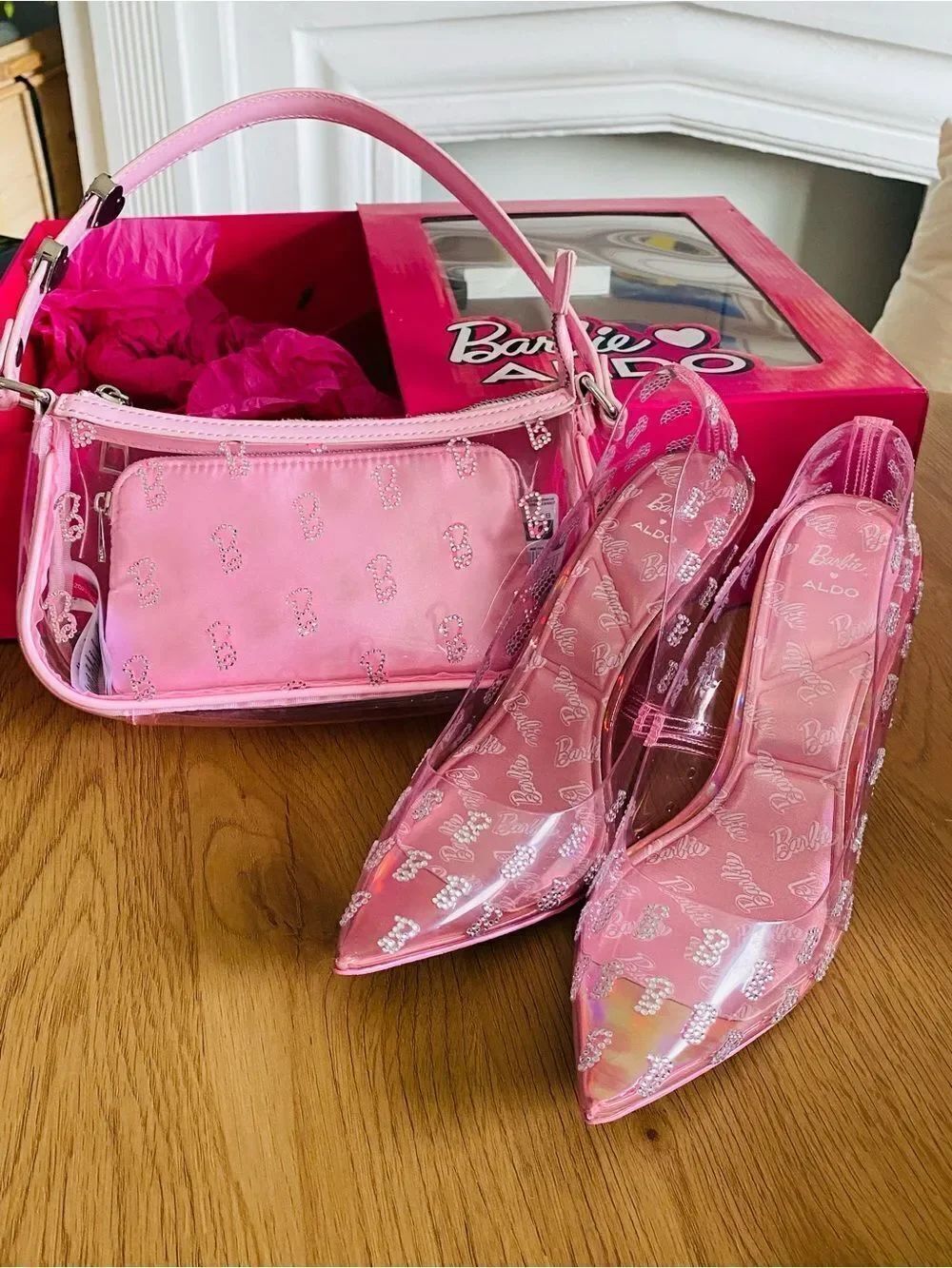 🛍️ALDO X Barbie Pink Clear Heels with Matching Pink Clear Shoulder Bag